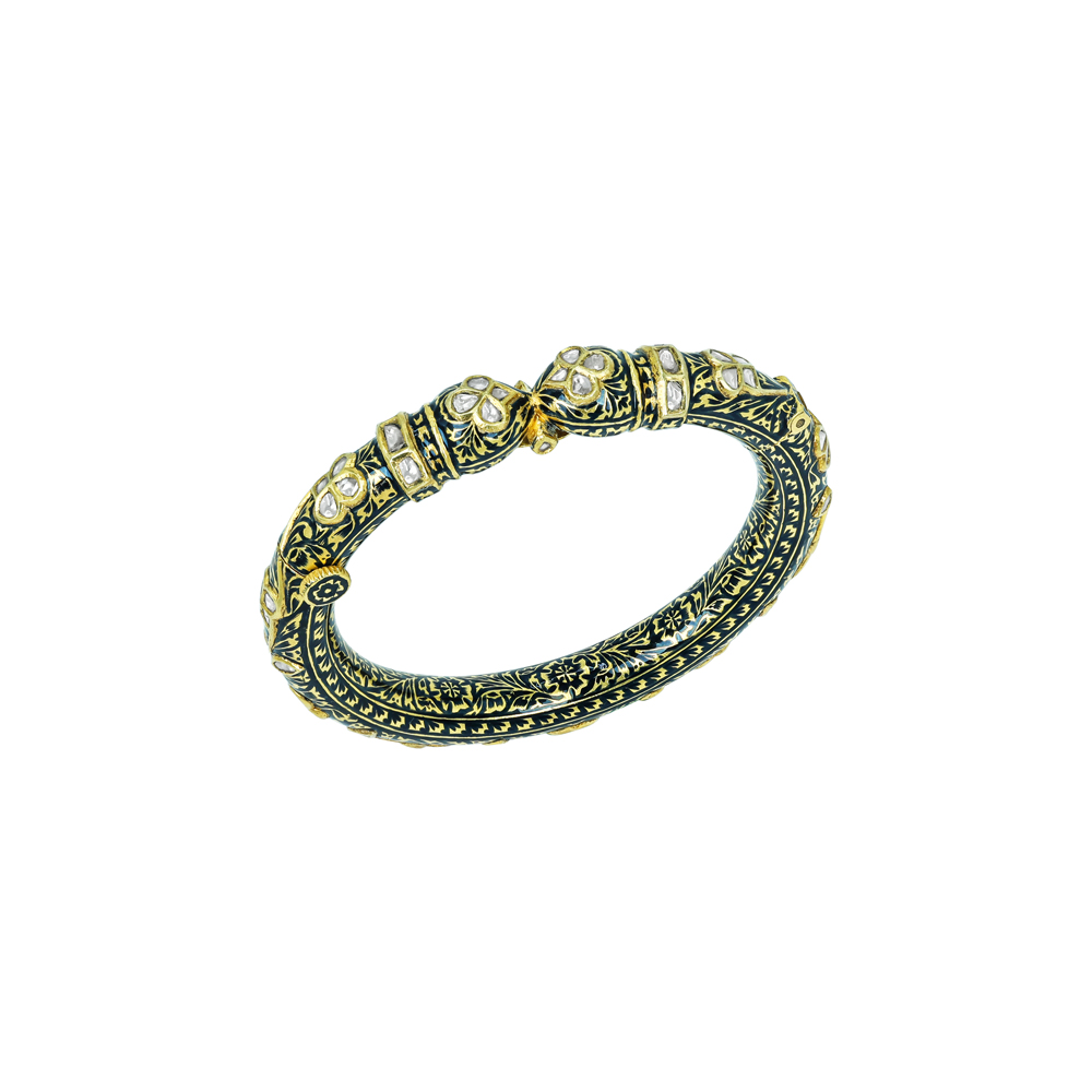 Polki Bangle with Black Enamel and Floral Motifs